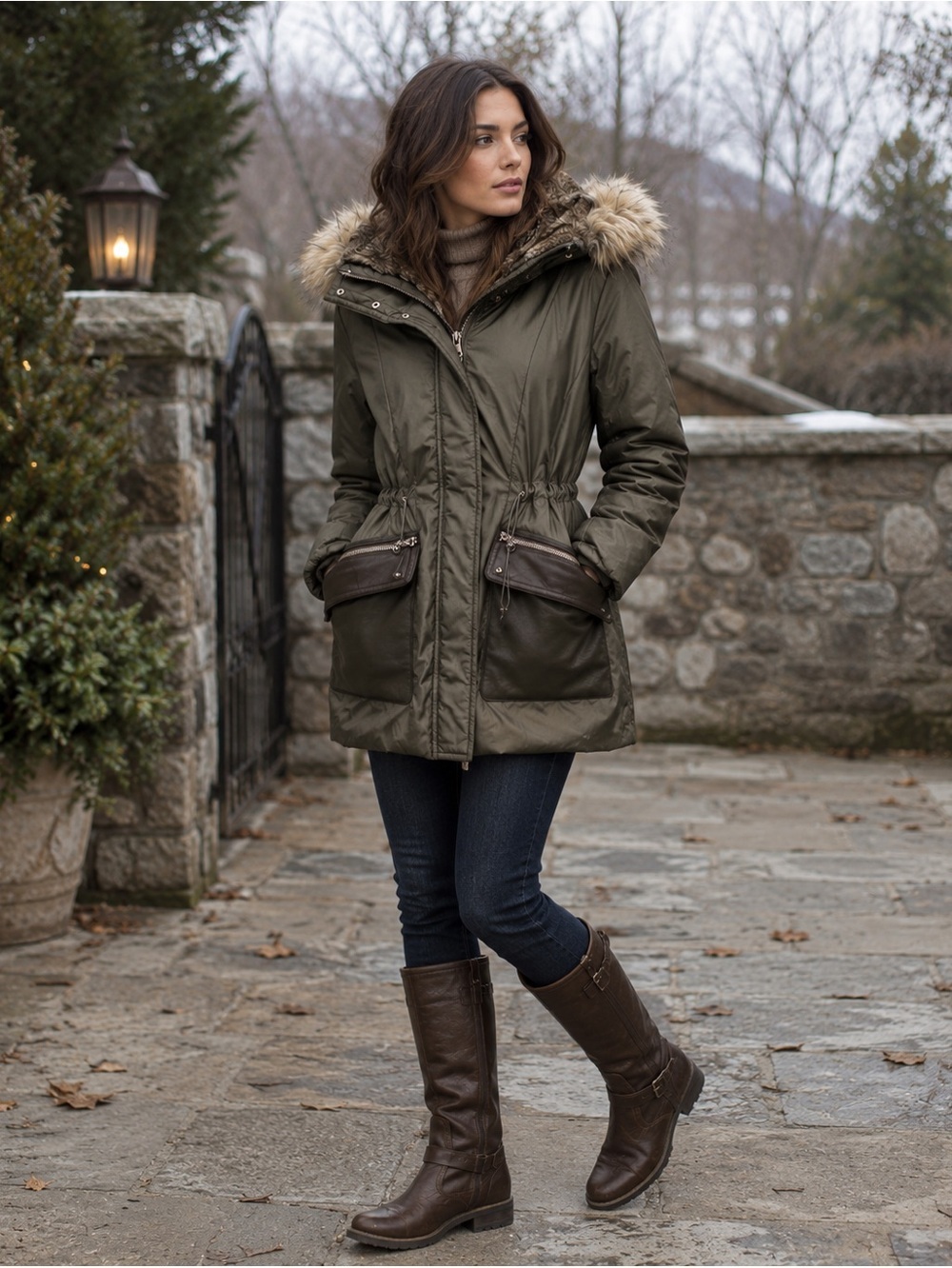 Cole Haan brown parka with faux fur hood